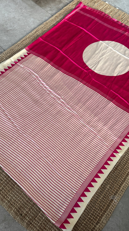White and Hotpink Modal Satin Saree with Temple Printed Border & Circle Design Pallu