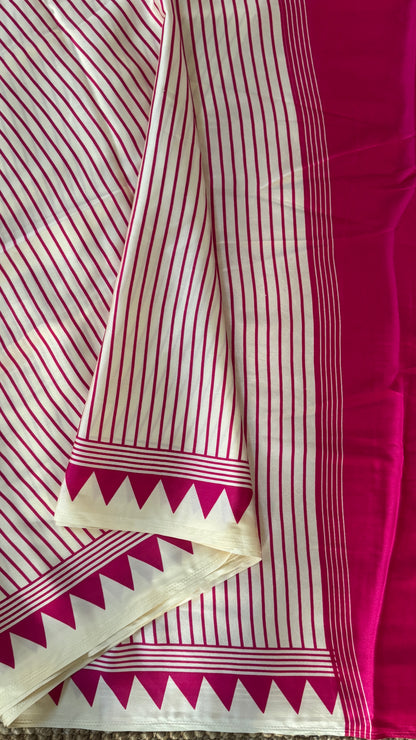 White and Hotpink Modal Satin Saree with Temple Printed Border & Circle Design Pallu