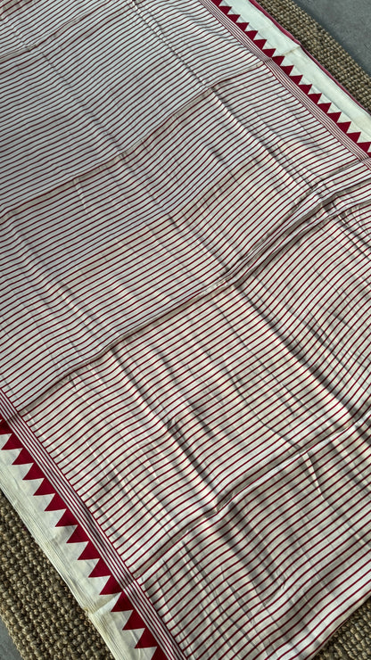 White and Red  Modal Satin Saree with Temple Printed Border & Circle Design Pallu