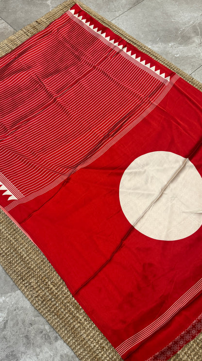 Red Modal Satin Saree with Temple Printed Border & Circle Design Pallu
