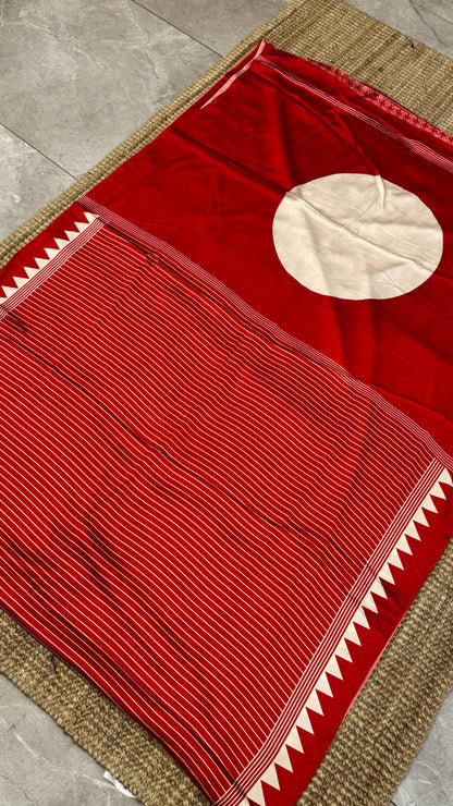 Red Modal Satin Saree with Temple Printed Border & Circle Design Pallu