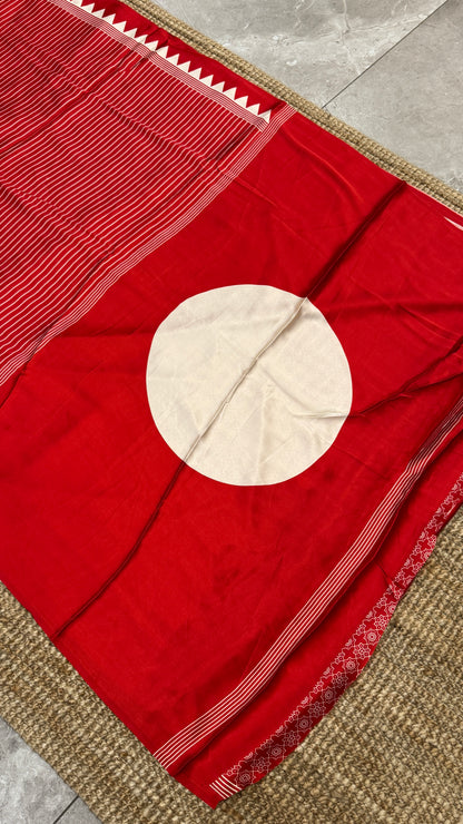 Red Modal Satin Saree with Temple Printed Border & Circle Design Pallu