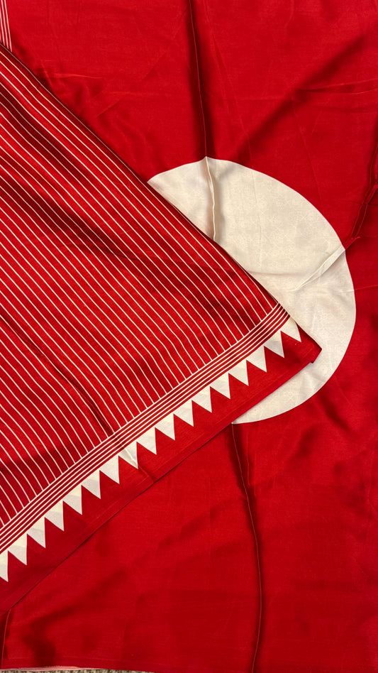 Red Modal Satin Saree with Temple Printed Border & Circle Design Pallu