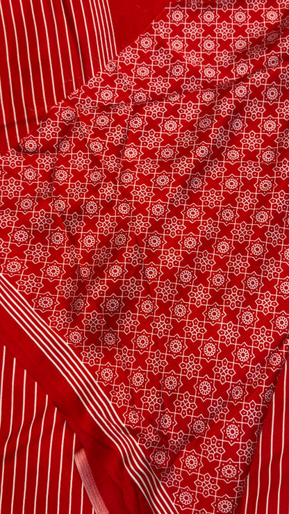 Red Modal Satin Saree with Temple Printed Border & Circle Design Pallu