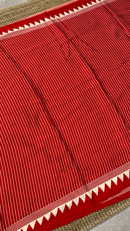 Red Modal Satin Saree with Temple Printed Border & Circle Design Pallu