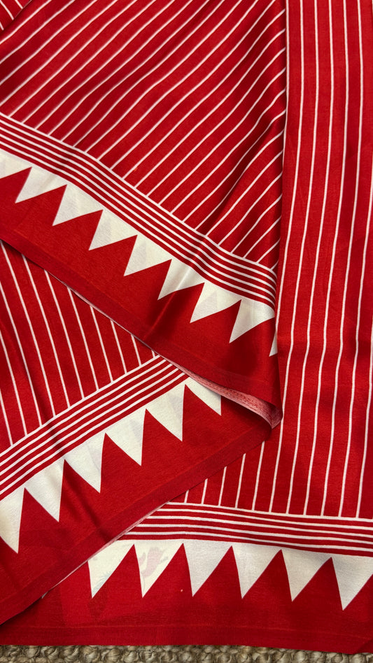 Red Modal Satin Saree with Temple Printed Border & Circle Design Pallu