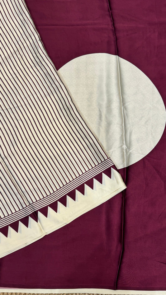 White & Wine Modal Satin Saree with Temple Printed Border & Circle Design Pallu