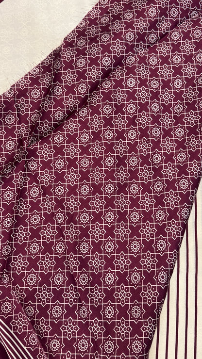 White & Wine Modal Satin Saree with Temple Printed Border & Circle Design Pallu