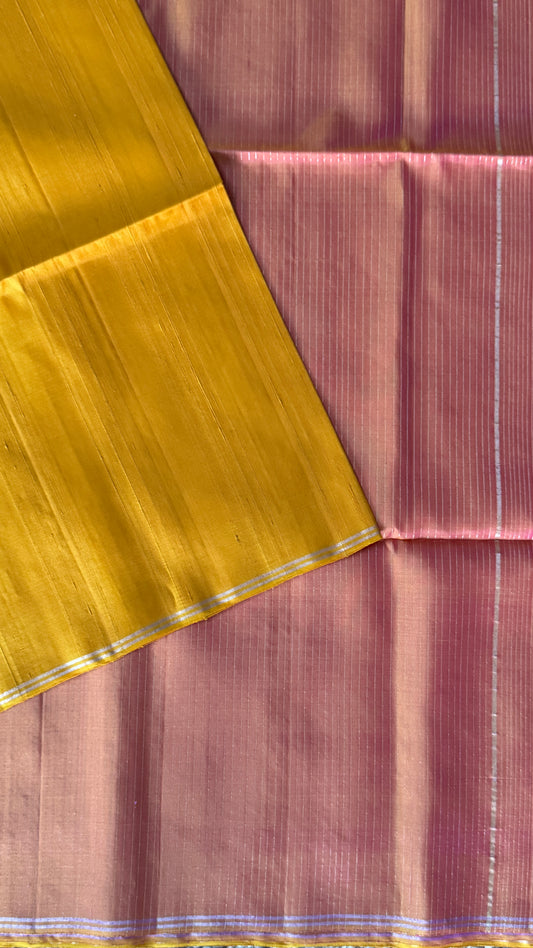 KANCHIVARAM PURE SOFT SILK HANDLOOM SAREE – MUSTARD YELLOW WITH BABY PINK PALLU