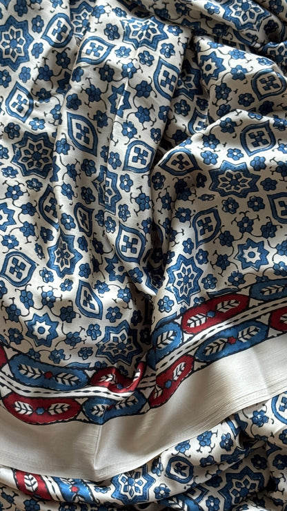 MODAL SILK SAREE WITH DIGITAL AJRAKH PRINTS - Half White