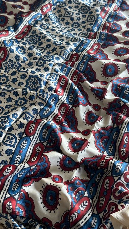 MODAL SILK SAREE WITH DIGITAL AJRAKH PRINTS - Half White