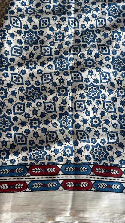 MODAL SILK SAREE WITH DIGITAL AJRAKH PRINTS - Half White
