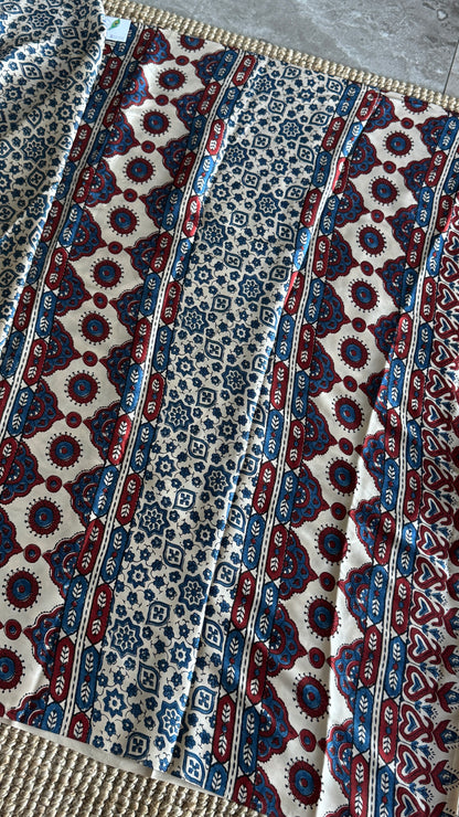 MODAL SILK SAREE WITH DIGITAL AJRAKH PRINTS - Half White