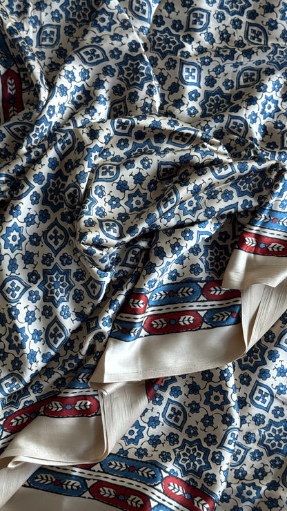 MODAL SILK SAREE WITH DIGITAL AJRAKH PRINTS - Half White