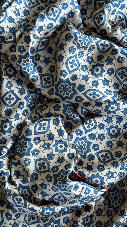 MODAL SILK SAREE WITH DIGITAL AJRAKH PRINTS - Half White