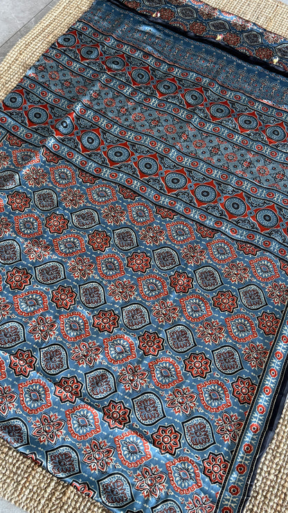 MODAL SILK SAREE WITH DIGITAL AJRAKH PRINTS - Denim Blue