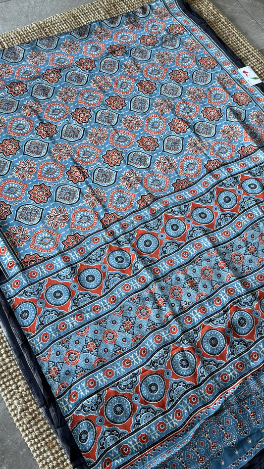 MODAL SILK SAREE WITH DIGITAL AJRAKH PRINTS - Denim Blue