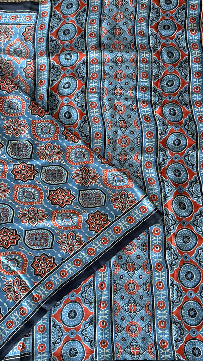 MODAL SILK SAREE WITH DIGITAL AJRAKH PRINTS - Denim Blue