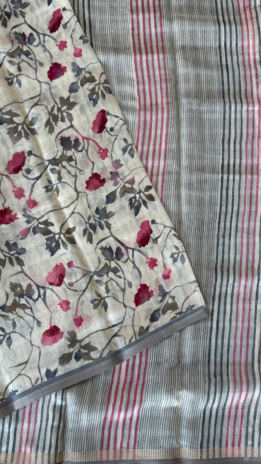 Floral Printed Soft Cotton Saree – Half White