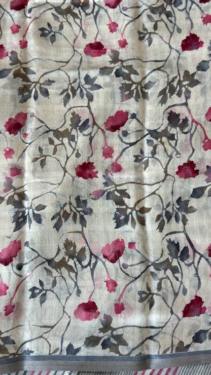 Floral Printed Soft Cotton Saree – Half White