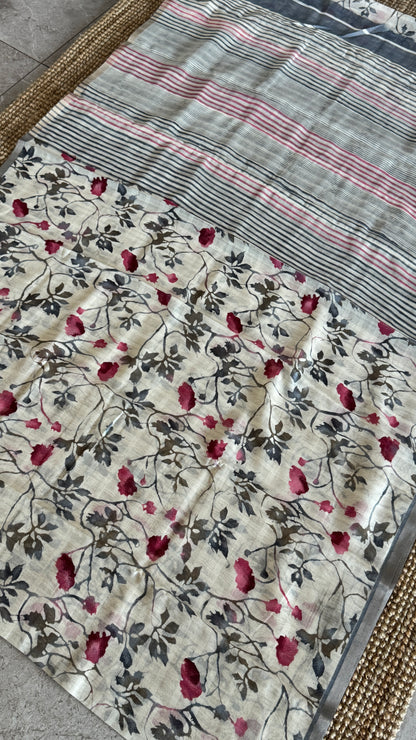 Floral Printed Soft Cotton Saree – Half White