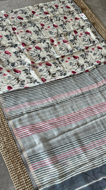 Floral Printed Soft Cotton Saree – Half White