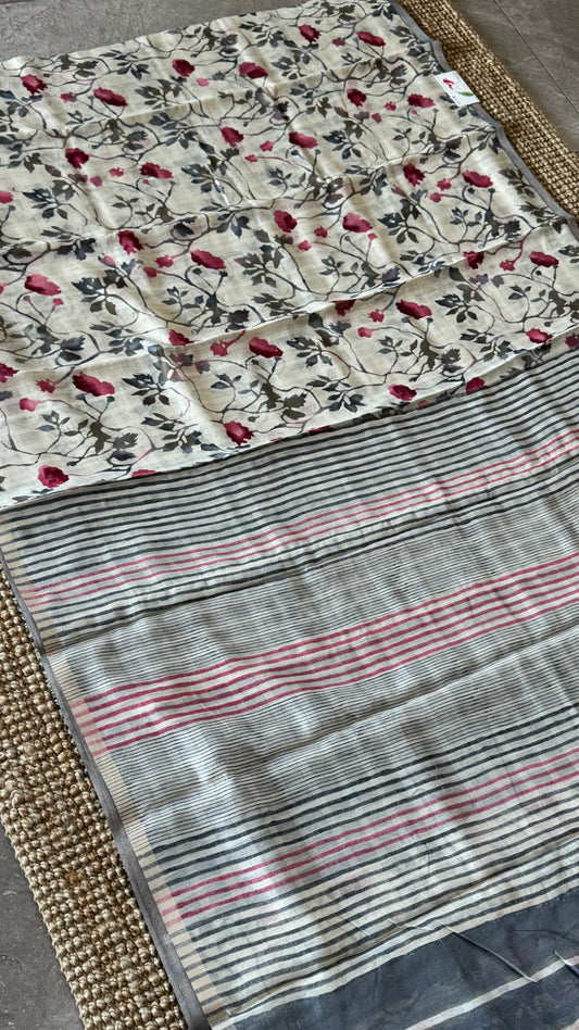 Floral Printed Soft Cotton Saree – Half White