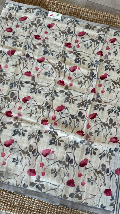 Floral Printed Soft Cotton Saree – Half White