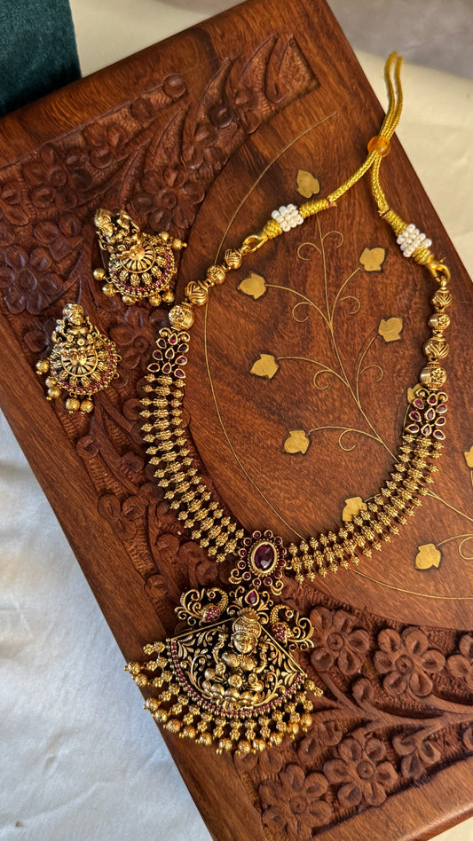 Unique Short Lakshmi Temple Necklace Jewellery Set with Jhumka