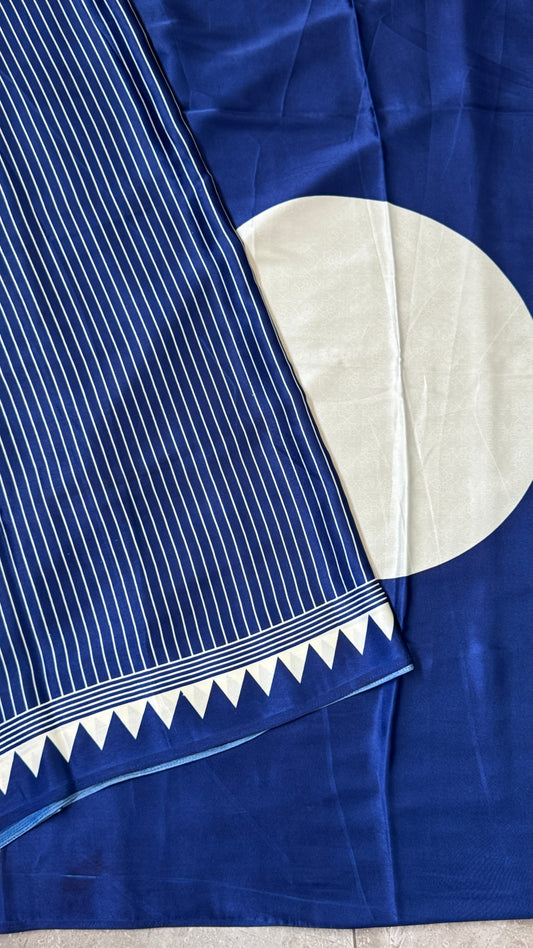 Blue Modal Satin Saree with Temple Printed Border & Circle Design Pallu