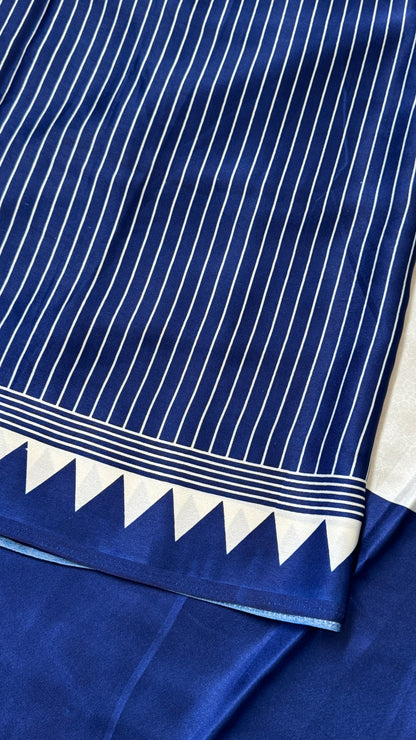 Blue Modal Satin Saree with Temple Printed Border & Circle Design Pallu
