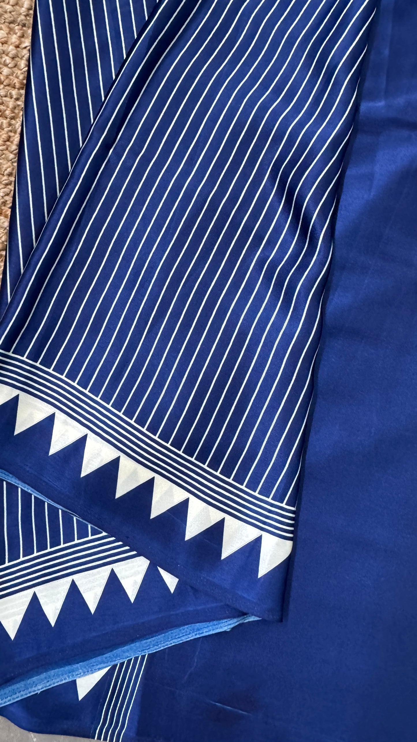 Blue Modal Satin Saree with Temple Printed Border & Circle Design Pallu
