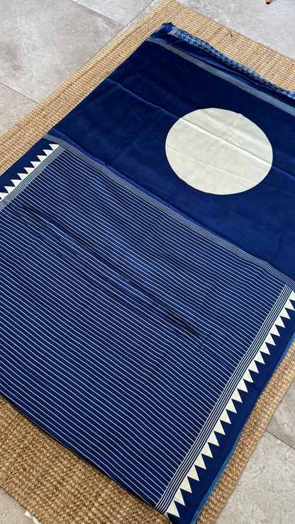 Blue Modal Satin Saree with Temple Printed Border & Circle Design Pallu