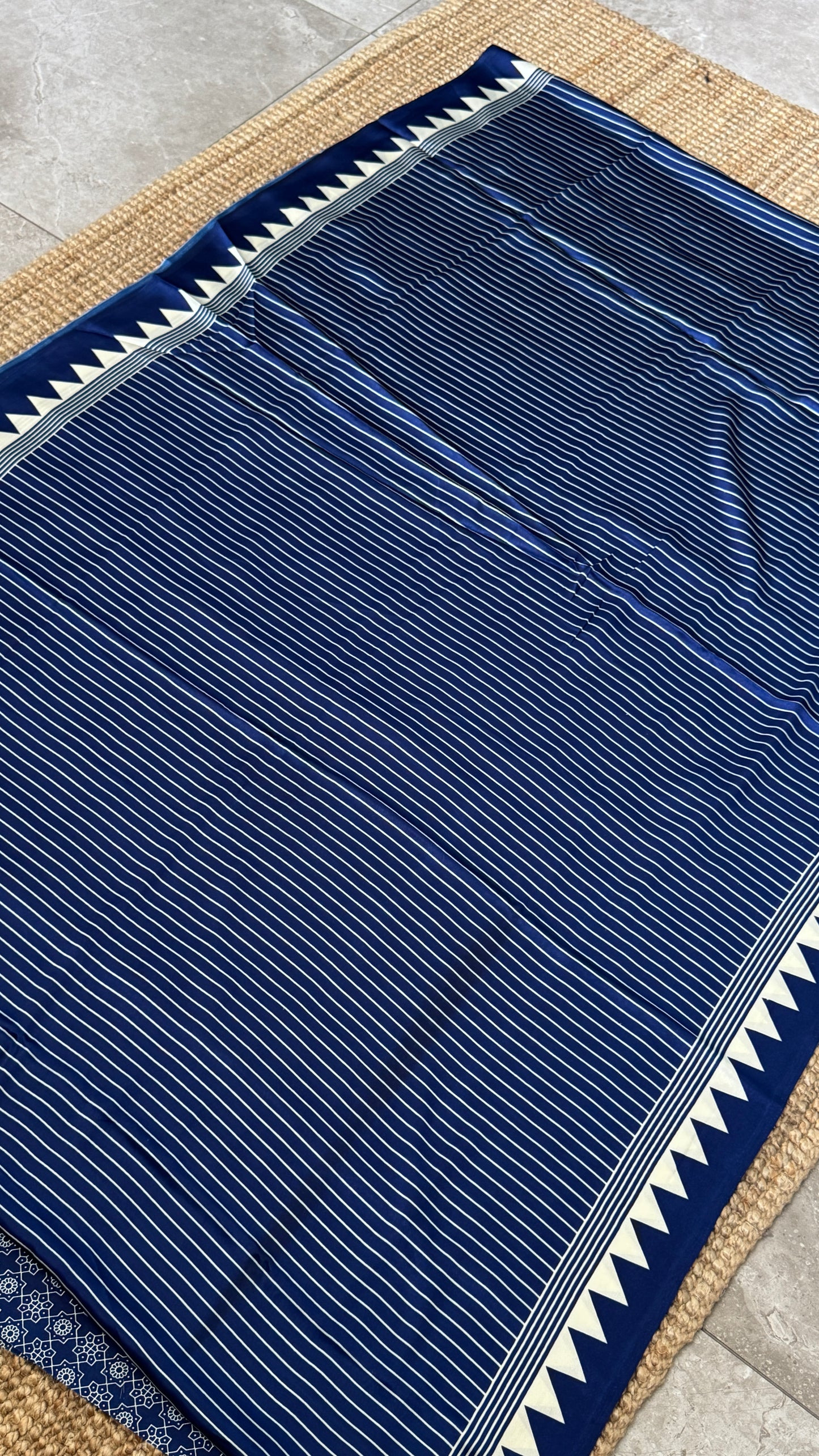 Blue Modal Satin Saree with Temple Printed Border & Circle Design Pallu