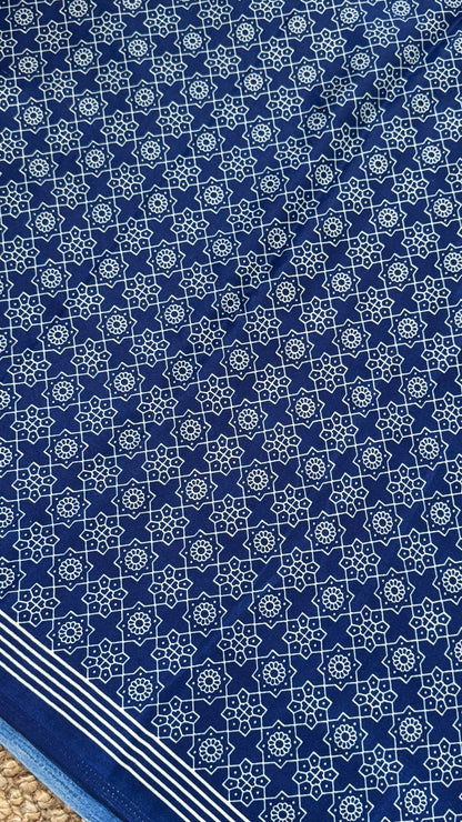 Blue Modal Satin Saree with Temple Printed Border & Circle Design Pallu