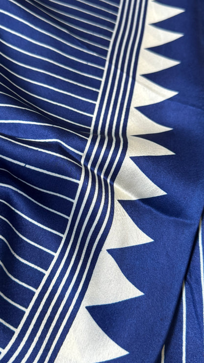Blue Modal Satin Saree with Temple Printed Border & Circle Design Pallu