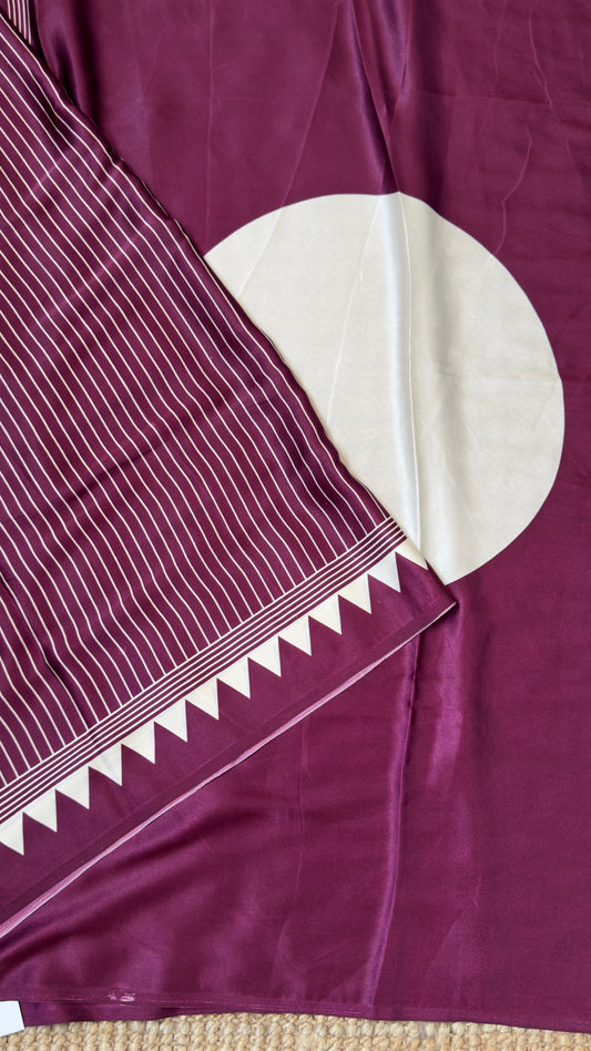 Wine Modal Satin Saree with Temple Printed Border & Circle Design Pallu