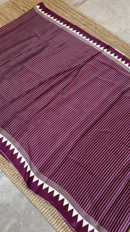 Wine Modal Satin Saree with Temple Printed Border & Circle Design Pallu