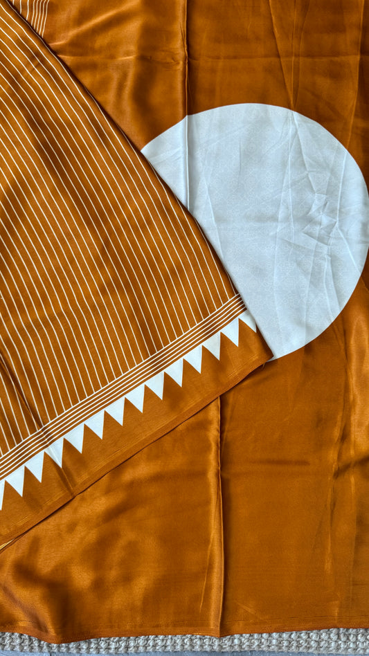 Mustard Modal Satin Saree with Temple Printed Border & Circle Design Pallu
