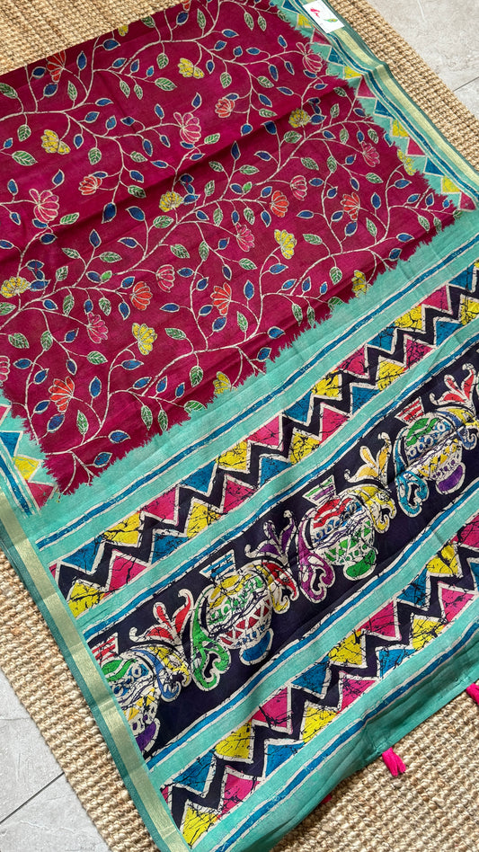 Pure Chanderi Cotton Silk Saree – Digital Batik Floral Print with Zari Border