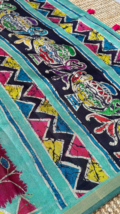 Pure Chanderi Cotton Silk Saree – Digital Batik Floral Print with Zari Border