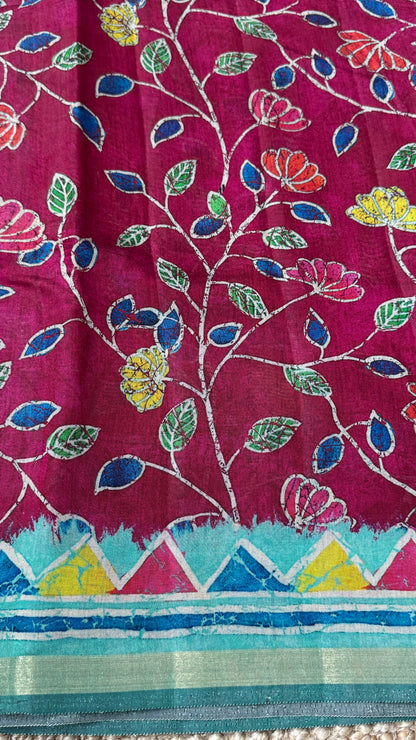 Pure Chanderi Cotton Silk Saree – Digital Batik Floral Print with Zari Border