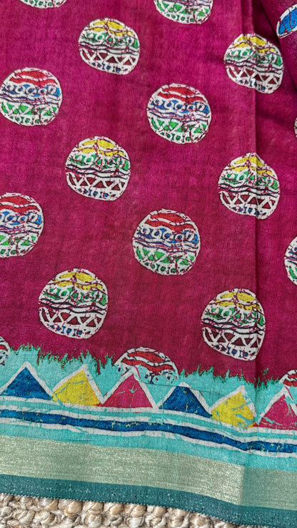 Pure Chanderi Cotton Silk Saree – Digital Batik Floral Print with Zari Border