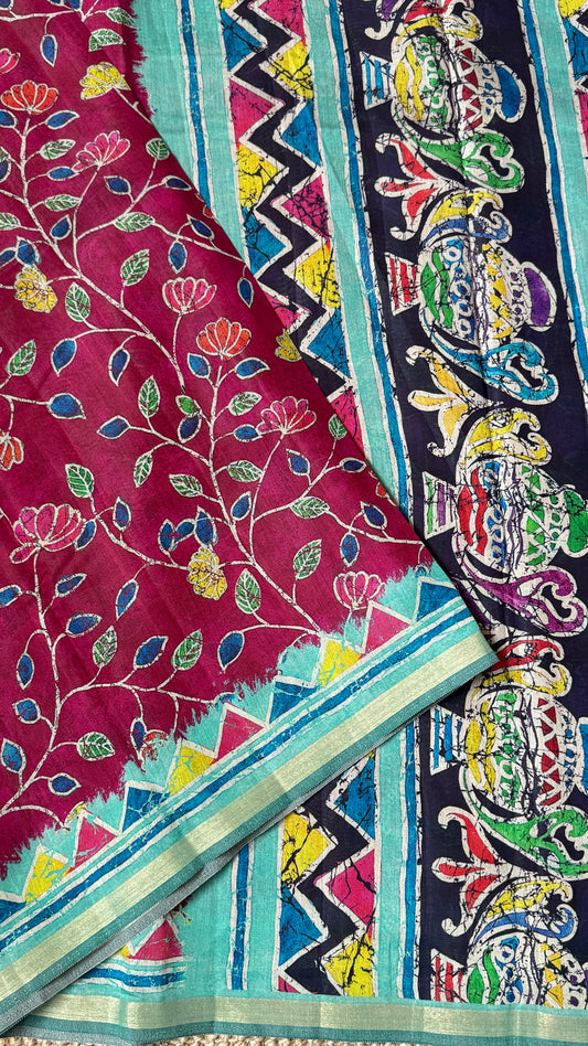 Pure Chanderi Cotton Silk Saree – Digital Batik Floral Print with Zari Border
