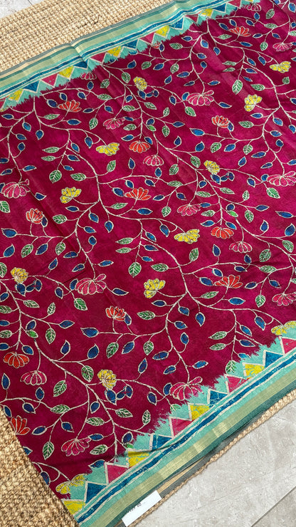 Pure Chanderi Cotton Silk Saree – Digital Batik Floral Print with Zari Border
