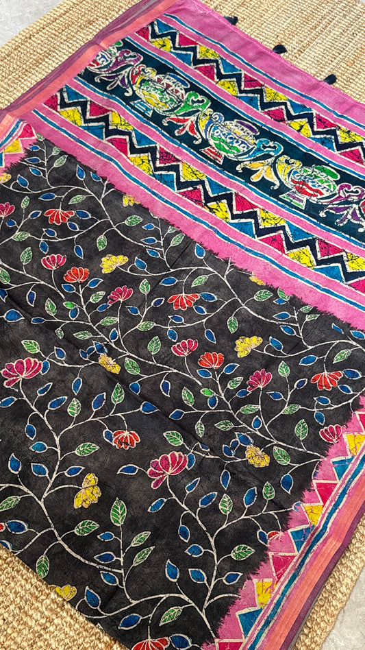 Pure Chanderi Cotton Silk Saree – Digital Batik Floral Print with Zari Border