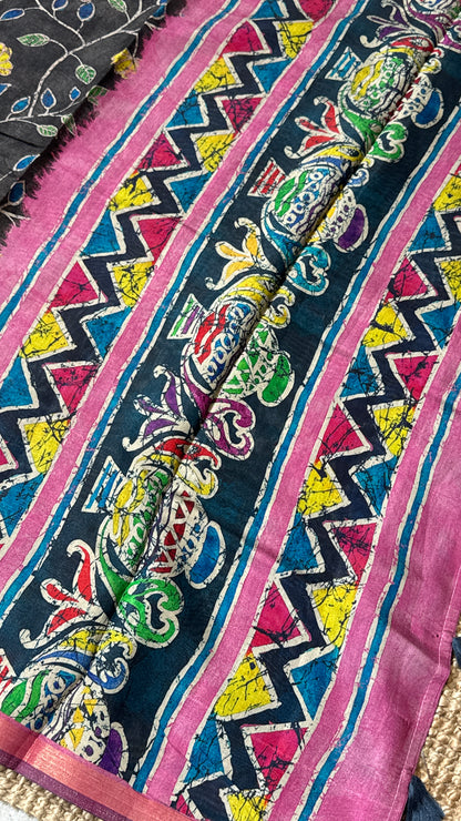 Pure Chanderi Cotton Silk Saree – Digital Batik Floral Print with Zari Border