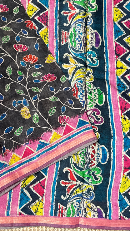Pure Chanderi Cotton Silk Saree – Digital Batik Floral Print with Zari Border