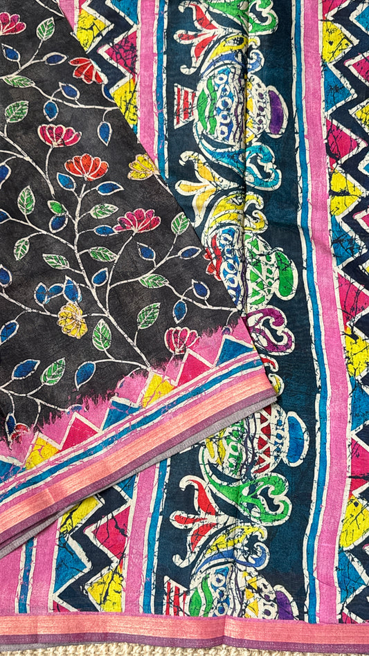 Pure Chanderi Cotton Silk Saree – Digital Batik Floral Print with Zari Border