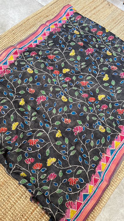 Pure Chanderi Cotton Silk Saree – Digital Batik Floral Print with Zari Border